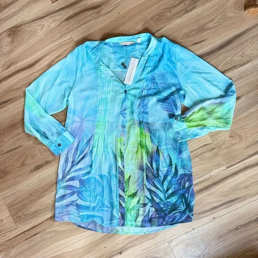NWT Soft Surroundings Womens Blue Palm Springs Button Down Tunic Shirt Medium
